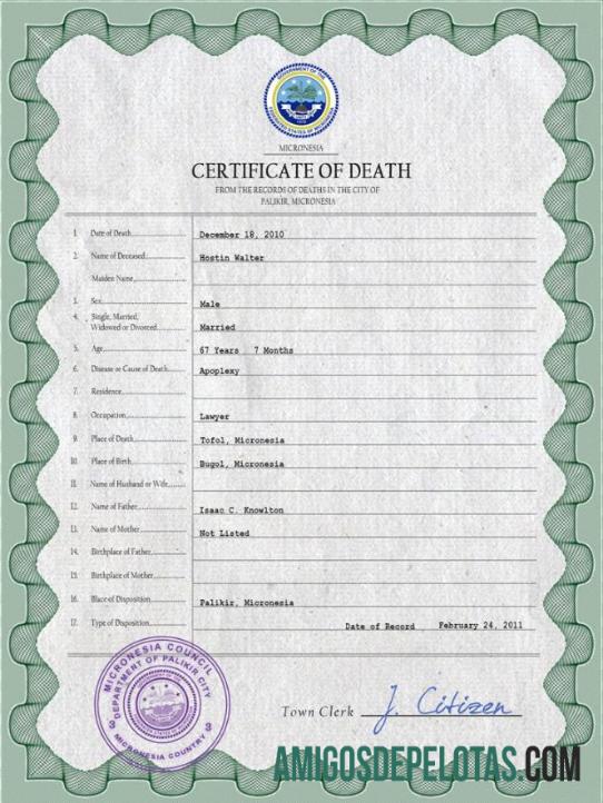 Imprimível modelo PSD de certidão de óbito de registro vital da Micronésia